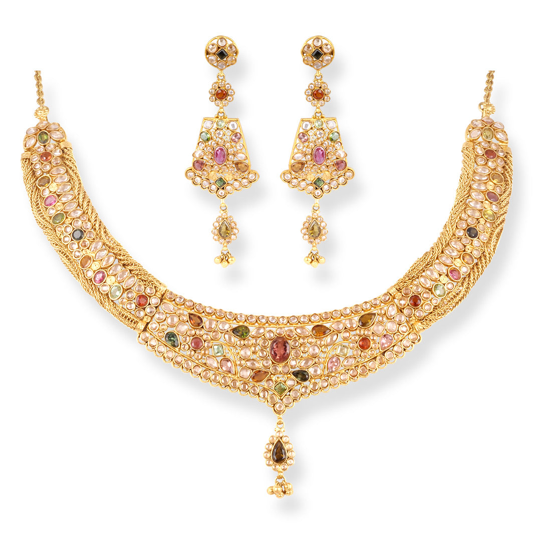 22ct Gold Antiquated Look Design Necklace with Multicoloured Cubic Zirconia Stones & Hook Clasp.