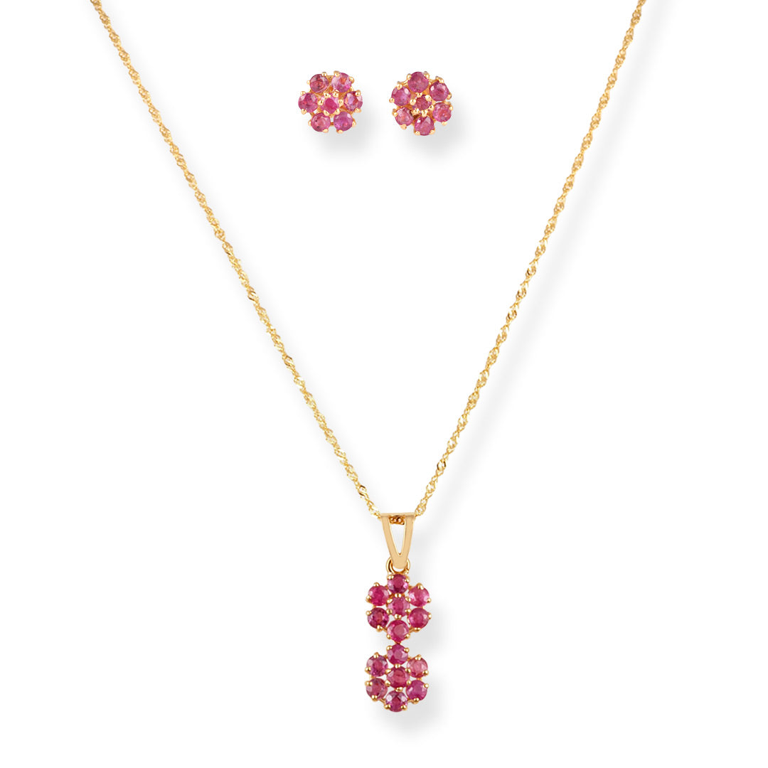 22ct Women's Gold Flower Pattern Pendant Suite with Pink Cubic Zirconia Stones.