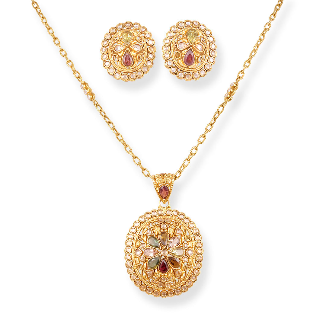 22ct Gold Antiquated Look Necklace and Earrings Set with Cubic Zirconia Stones.