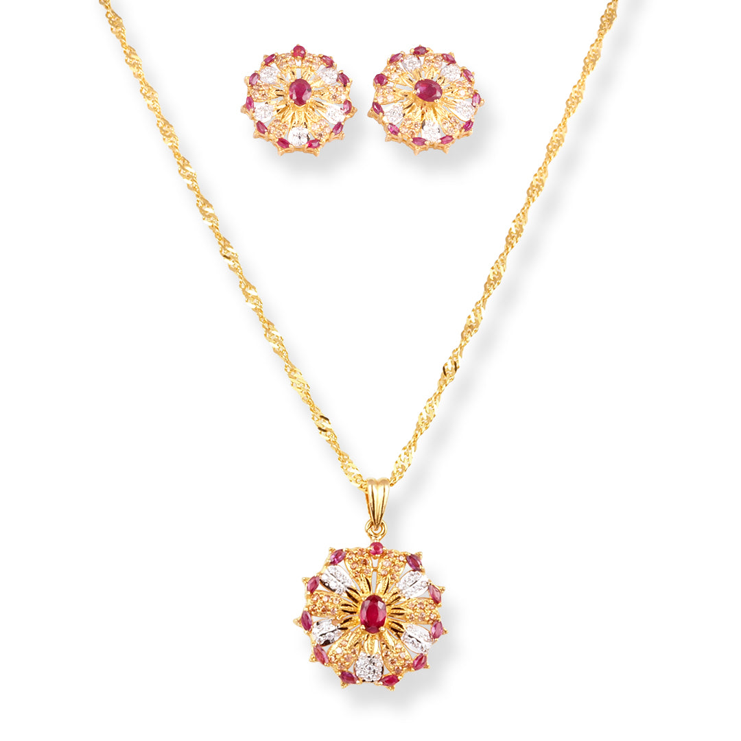 22ct Gold Pendant & Earrings Suite with Red & White Cubic Zirconia Stones