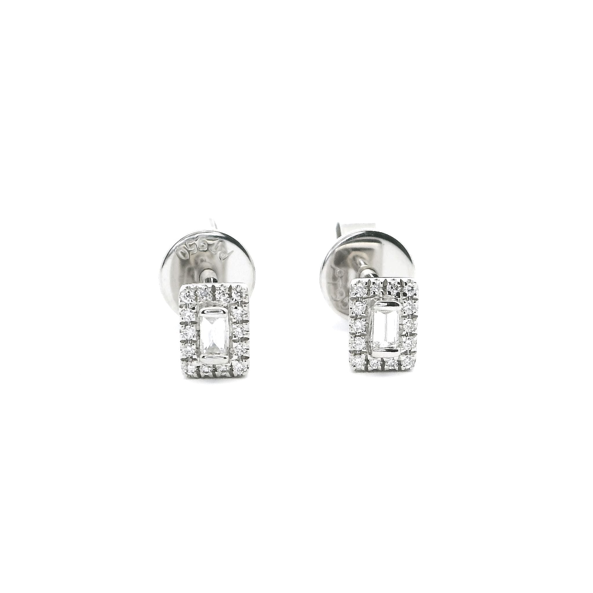 Platinum Baguette and Round Brilliant Cut Diamond 0.09CT Screw Back Ear Studs