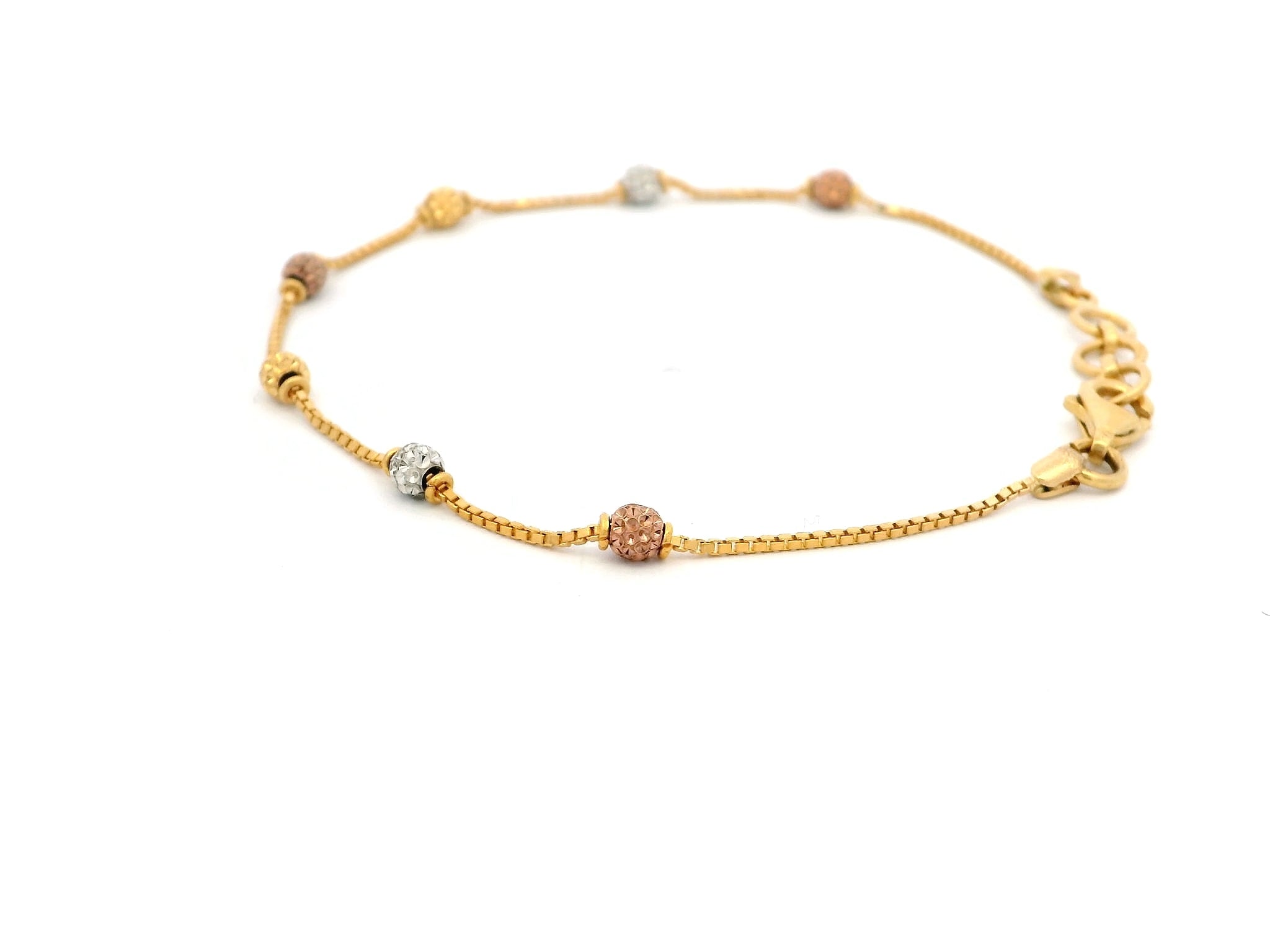 22ct Gold Box Chain with Rose Gold, Plain Gold & Rhodium-Plated Beads – Lobster Clasp