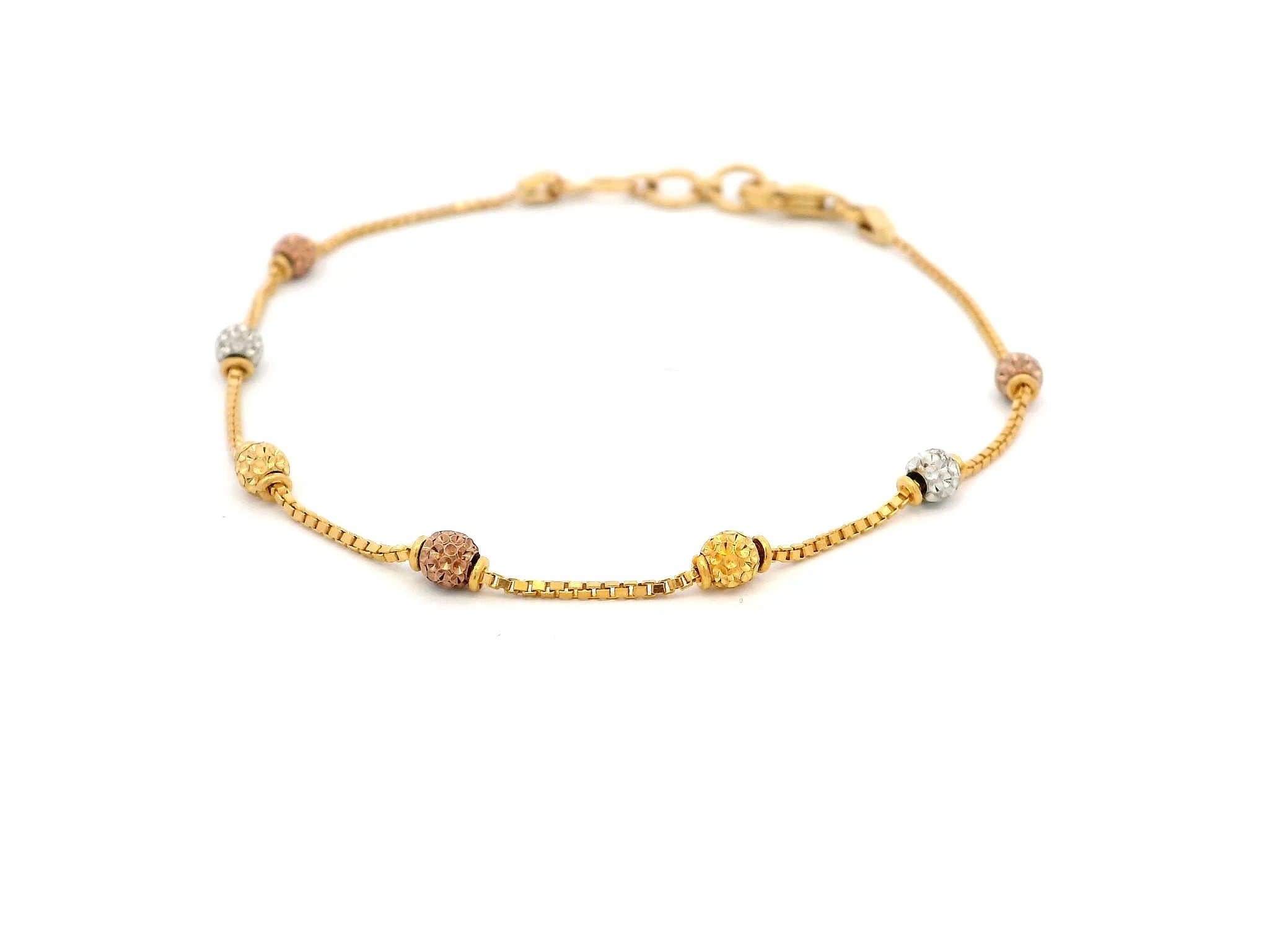 22ct Gold Box Chain with Rose Gold, Plain Gold & Rhodium-Plated Beads – Lobster Clasp